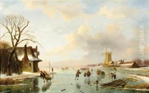 Skaters On A Frozen River By A Sawmill