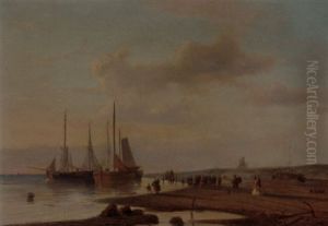 A Fish Auction At The Beach With Elegant Figures In The Foreground by Nicolaas Johannes Roosenboom