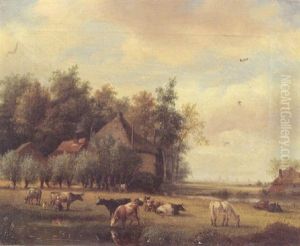 Cattle In A Meadow, A Farmyard In The Background by Nicolaas Johannes Roosenboom