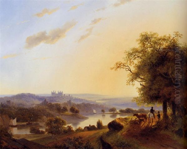 Rhenish Landscape With Travellers On A Sandy Track And A Castle In The Distance - view 1
