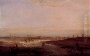 Figures On A Frozen River With A Town Beyond by Nicolaas Johannes Roosenboom