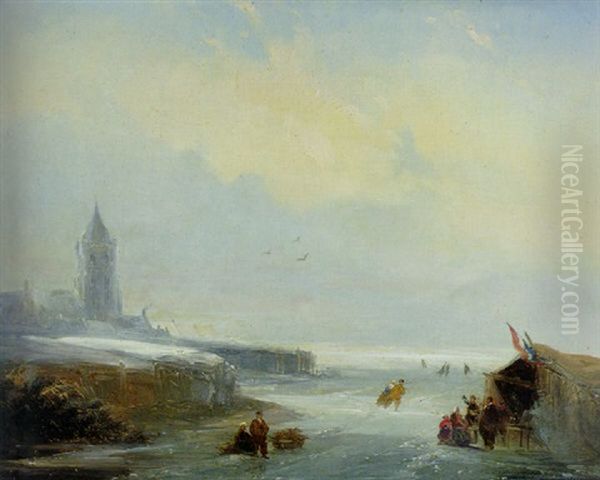 Skaters Reposing At A Koeck En Zopie On A Frosen Waterway Near A City - view 1