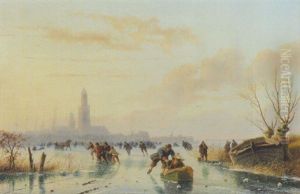 Skaters On A Frozen Pond by Nicolaas Johannes Roosenboom