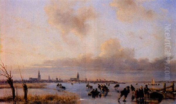 Skaters On A Frozen River, A Town In The Distance - view 1