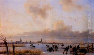 Skaters On A Frozen River, A Town In The Distance by Nicolaas Johannes Roosenboom