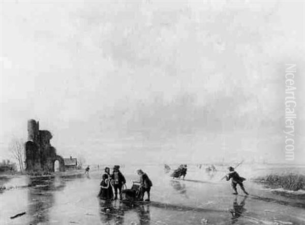 A Winter Landscape With Figures Skating On A Frozen River Near A Ruin - view 1