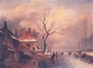 Figures Skating On A Frozen River Near A Village
