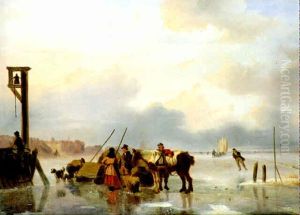 Figures On A Frozen River, A Town Beyond by Nicolaas Johannes Roosenboom