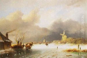 A Winter Landscape With Figures And A Horse-drawn Cart On A Frozen River