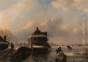 Figures Skating On A Frozen River by Nicolaas Johannes Roosenboom