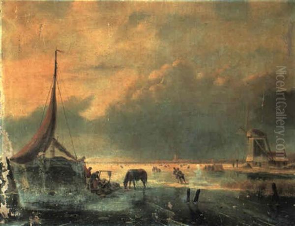 An Extensive Winter Landscape With Moored Boat And Skaters - view 1