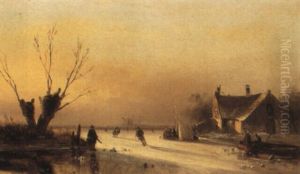 Skaters On A Frozen Lake by Nicolaas Johannes Roosenboom
