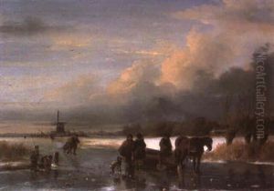 Figures Skating On A Frozen River by Nicolaas Johannes Roosenboom