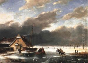 A Winter Landscape With Skaters On A Frozen River by Nicolaas Johannes Roosenboom