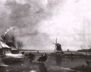 Schlittschuhlaufer Auf Dem Zugefrorenen Kanal by Nicolaas Johannes Roosenboom