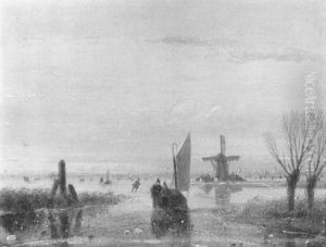 A Winterlandscape Figures Conversing By A Sailing-ledge, Skaters Near A Windmill In The Distance by Nicolaas Johannes Roosenboom