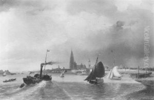 A Belgian Steamer And Another Ship Off The Coast, A Town Beyond by Nicolaas Johannes Roosenboom