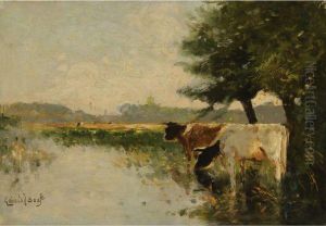 Cattle Watering At A Pond by Gerardus Johannes Bos