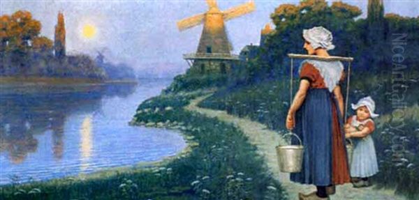 Milkmaid And Young Girl On A Dutch Canal - view 1