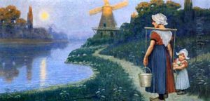 Milkmaid And Young Girl On A Dutch Canal by Robert Marshall Root