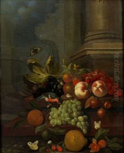 Fruchtestillleben Mit Vogeln Und Schmetterlingen by Jakobus Rootius