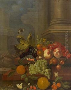 Fruchtestillleben Mit Trauben, Pfirsichen, Einer Orange, Einer Zitrone, Einem Vogel Und Schmetterlingen
