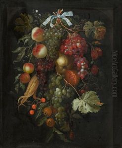 Grosse Fruchtegirlande Mit Trauben, Pfirsichen, Mais Und Kirschen by Jakobus Rootius
