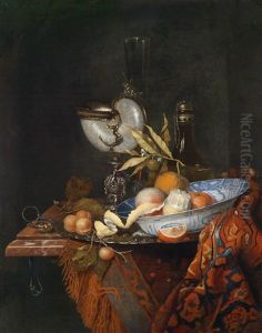 Prunkstillleben Mit Einer Silberplatte Mit Aprikosen, Einer Delfter Schale Mit Zitrusfruchten, Einem Nautiluspokal, Einem Stangenglas, Einer Montierten Glasflasche Und Einer Uhr by Jakobus Rootius