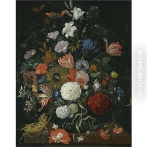 Still Life Of Flowers In A Vase On A Stone Ledge With A Corn Cob And A Snail by Jakobus Rootius