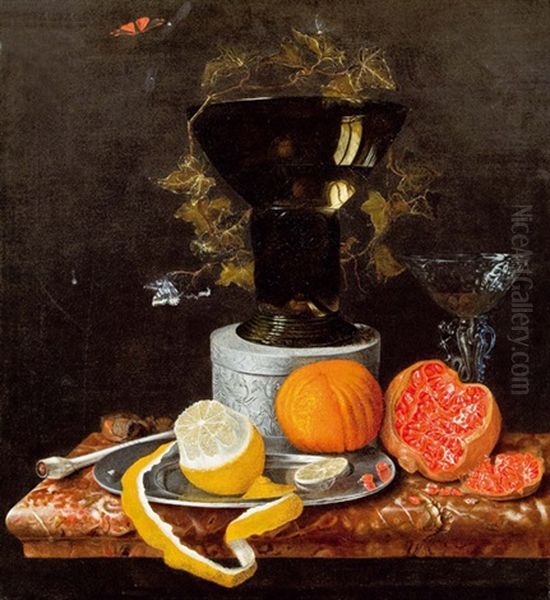 Stillleben Mit Granatapfel, Orange, Geschalter Zitrone - view 1