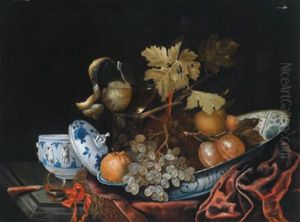 Stillleben Mit Einer Wanli-kraakschale, Einer Grosen Kangxi-deckeldose Mit Den 8 Daoistischen Unsterblichen, Einem Glasromer, Einer Taschenuhr by Jakobus Rootius