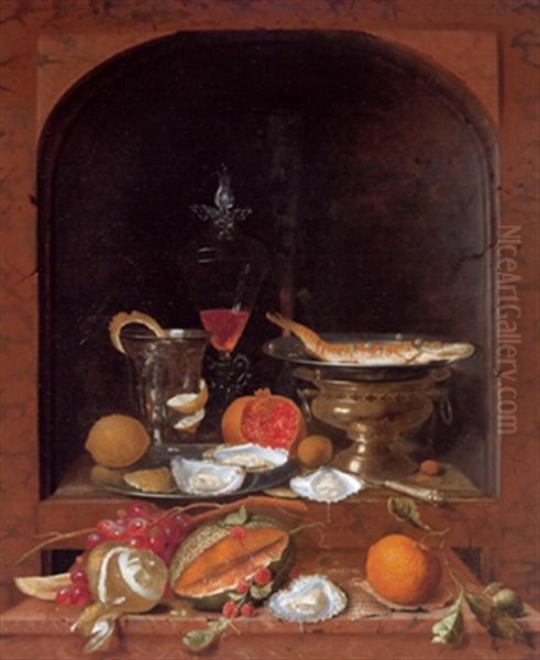 Stillleben Mit Zitrone, Orange, Melone, Austern Auf Einem Zinnteller, Silberbecher, Silberner Tazza Mit Gerauchertem Hering Und Einem Gefullten Venezianischen Weinglas In Einer Nische - view 1