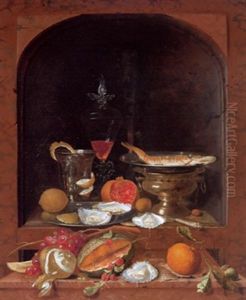 Stillleben Mit Zitrone, Orange, Melone, Austern Auf Einem Zinnteller, Silberbecher, Silberner Tazza Mit Gerauchertem Hering Und Einem Gefullten Venezianischen Weinglas In Einer Nische Stillleben Mit Zitrone, Orange, Melone, Austern Auf Einem Zinnteller, Silberbecher, Silberner Tazza Mit Gerauchertem Hering Und Einem Gefullten Venezianischen Weinglas In Einer Nische