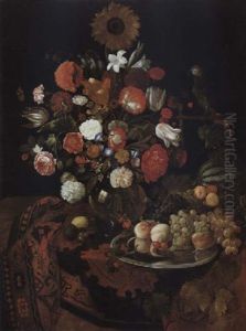 Blumen Und Fruchtestilleben - In Einer Glasvase Rosen, Tulpen, Schlafmohn, Schneeball, Und Andere