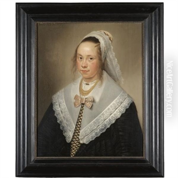 Portrait Of A Young Lady, Said To Be Elisabeth Wybo, At The Age Of 17, Wearing A Gold Necklace And A White Headdress - view 1