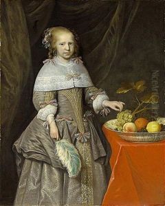 A Portrait Of An Eight-year Old Girl, Wearing A Silver-grey Silk Dress With Coloured Ribbons, White Lace Cuffs And Collar, Pearl Earrings And Necklace, Beside A Table