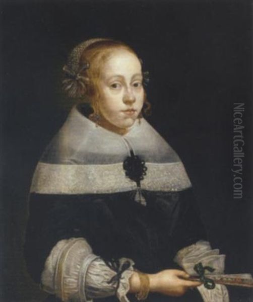 Portrait Of A Young Lady In A Black Dress With A Fan In Her Hand - view 1