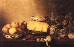 Still Life With Apples, Cheese And Bread On Plates On A Table