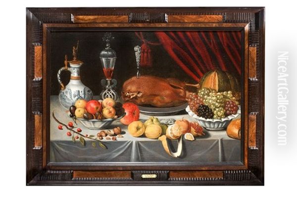 Nature Morte Au Canard Roti, Coupes De Fruits Et Verre Facon De Venise - view 1