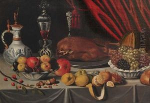Nature Morte Aux Fruits, A La Volaille Et Aux Objets Divers Poses Sur Un Entablement by Jan Albertsz Rootius