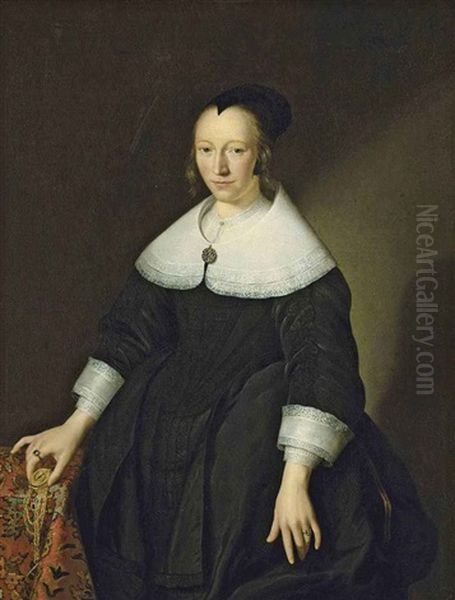 Portrait Of A Lady In A Black Dress With Lace-edged Collar And Cuffs, A Black Cap, A Jeweled Pendant Brooch, Holding A Time-piece In Her Right Hand, By... - view 1