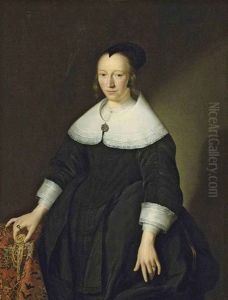Portrait Of A Lady In A Black Dress With Lace-edged Collar And Cuffs, A Black Cap, A Jeweled Pendant Brooch, Holding A Time-piece In Her Right Hand, By... by Jan Albertsz Rootius