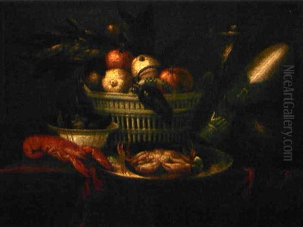 Nature Morte Au Panier De Fruits, Crustaces Et Melone Sur Une Table - view 1