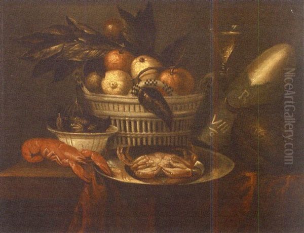 Nature Morte Au Panier De Fruits, Crustaces Et Melon Sur Une Table - view 1