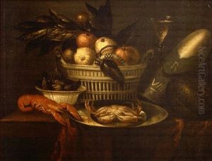Nature Mort Au Panier De Fruits, Crustaces Et Melon Sur Une Table by Jan Albertsz Rootius