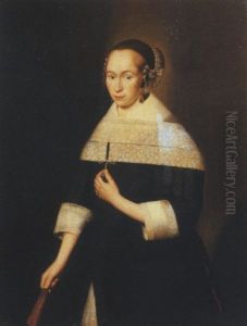 Portrait Of A Young Lady In A Black Dress With A White Lace Collar, A Lace Headress And Drop Earrings, Holding A Fan