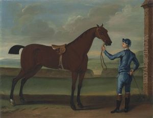 A Jockey In Blue Racing Silks And A Chestnut Racehorse In A Landscape by Richard Roper