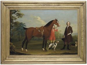 Portrait Of A Gentleman, Presumably William Fitzherbert, 1st Bt., With A Bay Hunter Held By A Groom And Two Hounds, In A Landscape