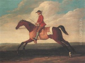 "aaron," A Bay Racehorse Exercising With Jockey Up by Richard Roper