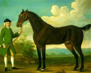 A Bay Racehorse Held By A Groom In Landscape by Richard Roper